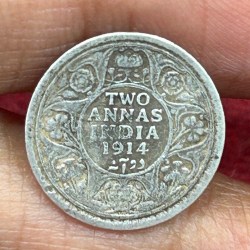 British-India Two Annas 1914 (George V) Rare Silver Coin#K-194