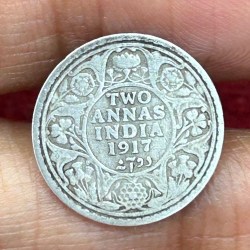 British-India Two Annas 1917 (George V) Rare Silver Coin#K-195