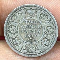 British-India Two Annas 1917 (George V) Rare Silver Coin#K-197