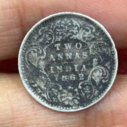 British-India Two Annas 1862 (Victoria) Rare Silver Coin#K-198