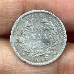 British-India Two Annas 1841 (Victoria) Rare Silver Coin#K-200