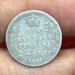 British-India Two Annas 1906 (Edward) Rare Silver Coin#K-206