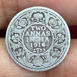 British-India Two Annas 1916 (George V) Rare Silver Coin#K-215
