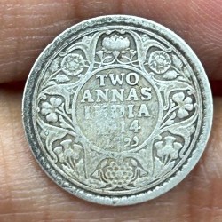 British-India Two Annas 1914 (George V) Rare Silver Coin#K-217