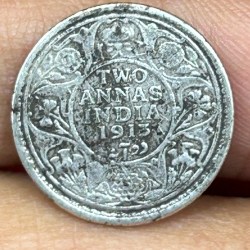 British-India Two Annas 1913 (George V) Rare Silver Coin#K-218