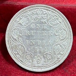 India - British 1 Rupee 1874 - Victoria Rare Silver UNC Coin #C-81
