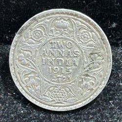 India - British 2 Annas 1915 ( Rare Date) - George V Silver Coin #S-54