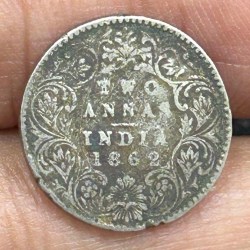India - British 2 Annas 1862 - Victoria Silver Coin #S-55