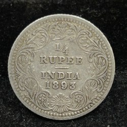 British-India 1/4 Rupee 1893 Victoria Empress Rare Silver Coin #S-87