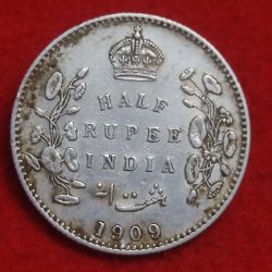 Rare Half Rupee Silver Coin King George VII Year 1909 Calcutta Mint