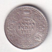 British-India Two Annas 1917 (George V) Rare Silver Coin#K-191