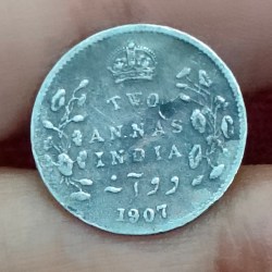 British-India Two Annas 1907 (Edward) Rare Silver Coin#K-203