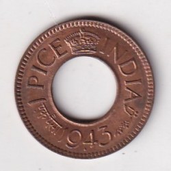 British -India 1 Pice George VI 1943 (HC Small DOT Below Date) Rare UNC Coin #K-225