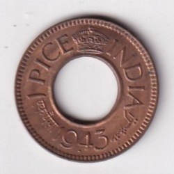 British -India 1 Pice George VI 1943 (HC with Large DOT Below Date) Rare UNC Coin #K-226