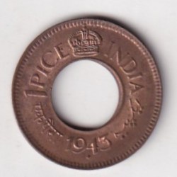 British -India 1 Pice George VI 1943 (RC with Diamond Below Date) Rare UNC Coin #K-227