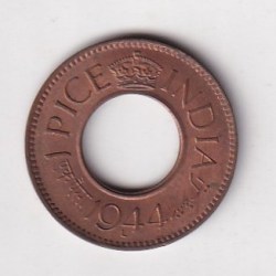 British -India 1 Pice George VI 1944 (HC with Raised "L" Below the Date) Rare UNC Coin #K-229