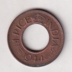 British -India 1 Pice George VI 1944 (HC with No Mint MARK Below Date) Rare UNC Coin #K-231