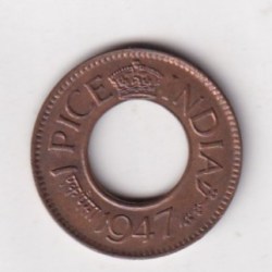 British -India 1 Pice George VI 1947 (HC with No Mint MARK Below Date) Rare UNC Coin #K-238