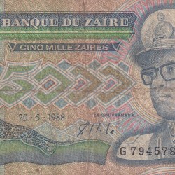 Congo (Zaire) 5000 Zaïres (1988) Rare Note#B2