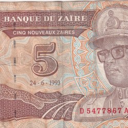 Zaire 5 Nouveaux Zaïres (1993) Rare Note#B2