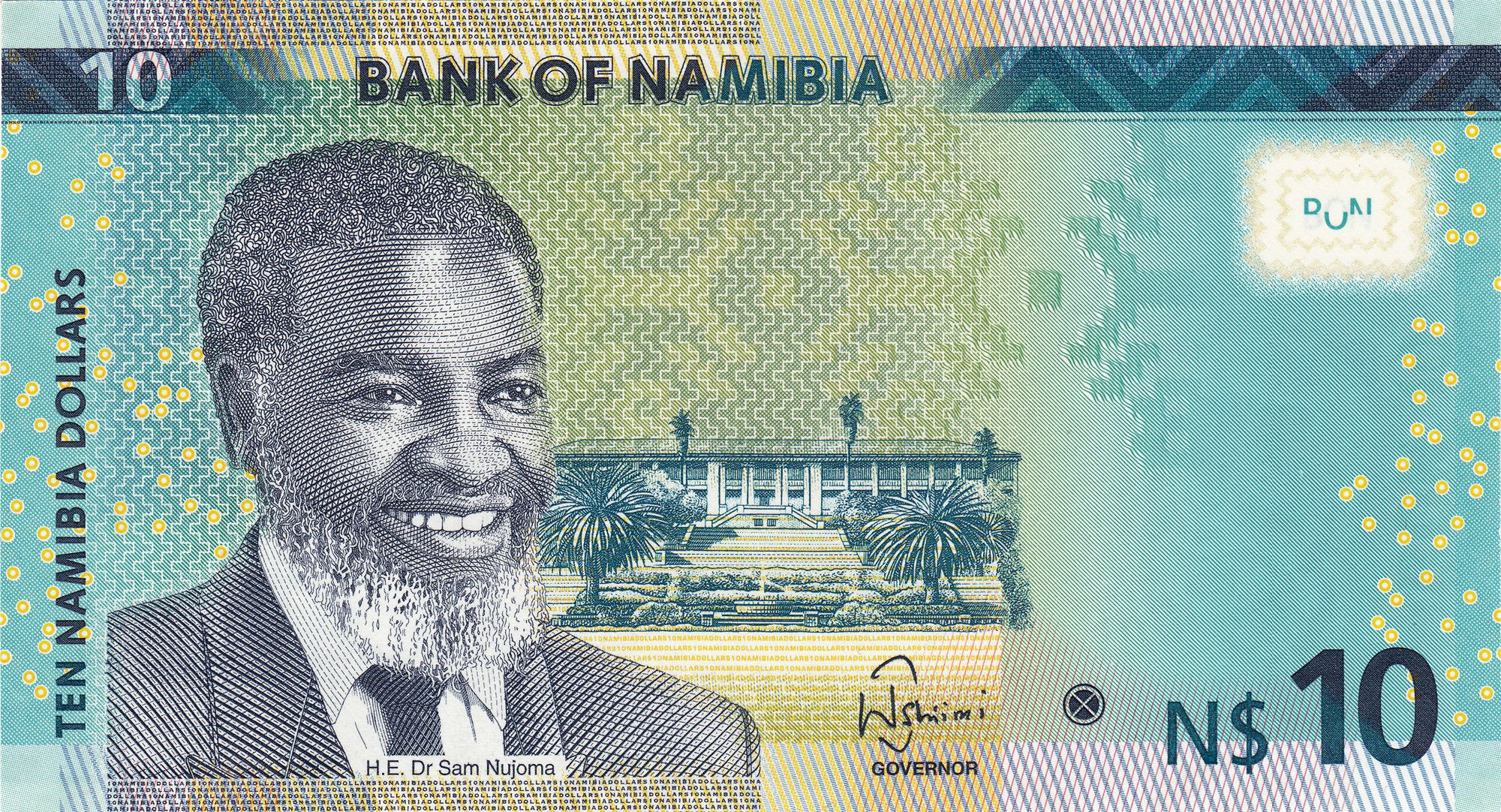 10 Dollars of Namibia (AD 2025) with Dr. Sam Nujoma and Parliament Building in Windhoek/The springbok Antelope UNC Grade