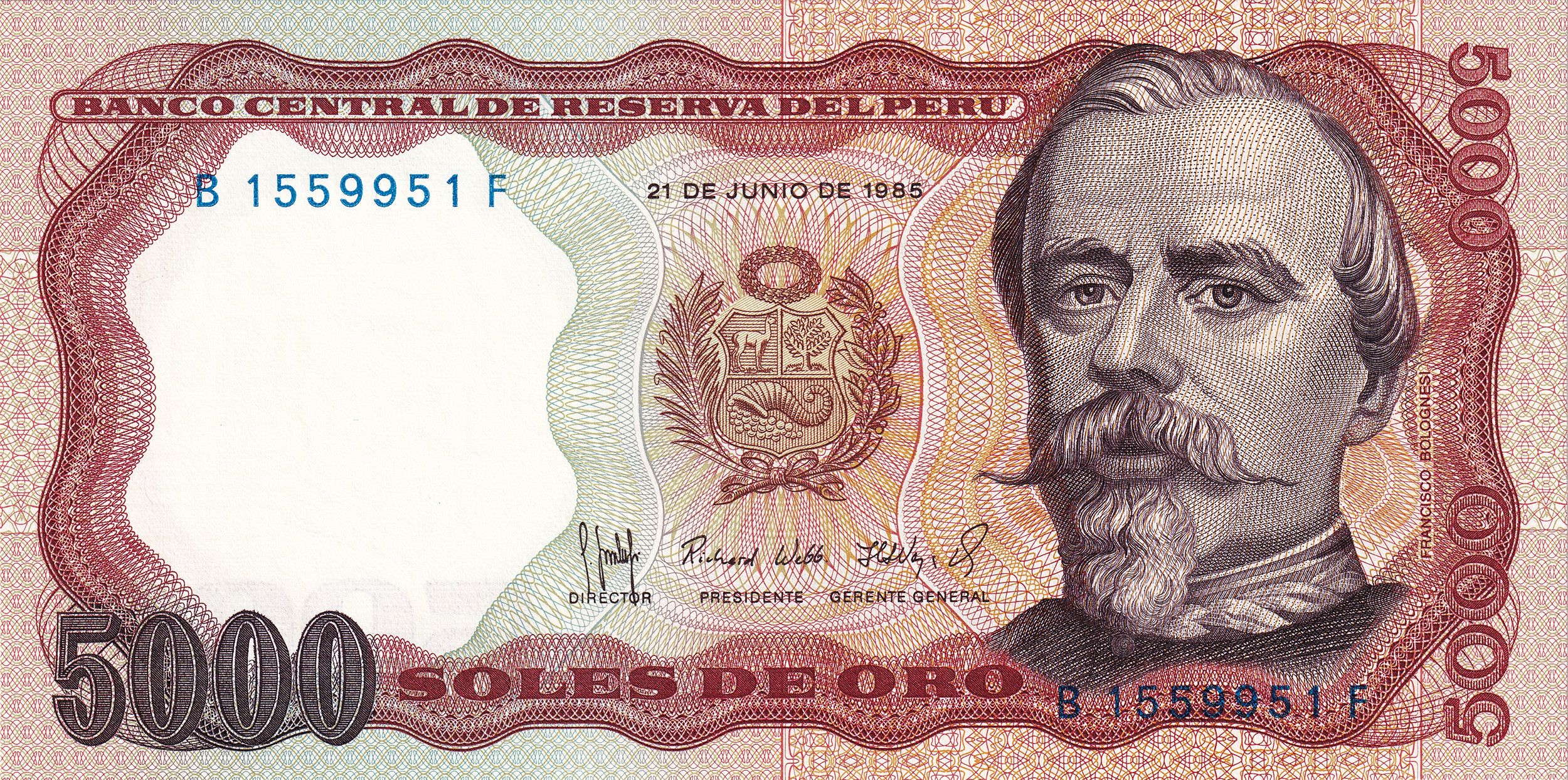 5000 Soles de Oro of Peru Country (AD 1976-1985) with Colonel Bolognesi/Scene of two miners working in a mine UNC Grade