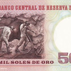 5000 Soles de Oro of Peru Country (AD 1976-1985) with Colonel Bolognesi/Scene of two miners working in a mine UNC Grade