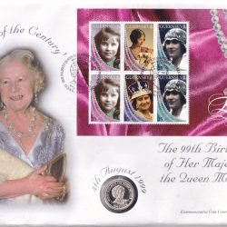 Lady of century 99th Birthday of Her Majesty The Queen Mother 1999 Bailiwick Of Guernsey £1 Brilliant Uncirculated Silver Coin ( First Day Cover with stamp)