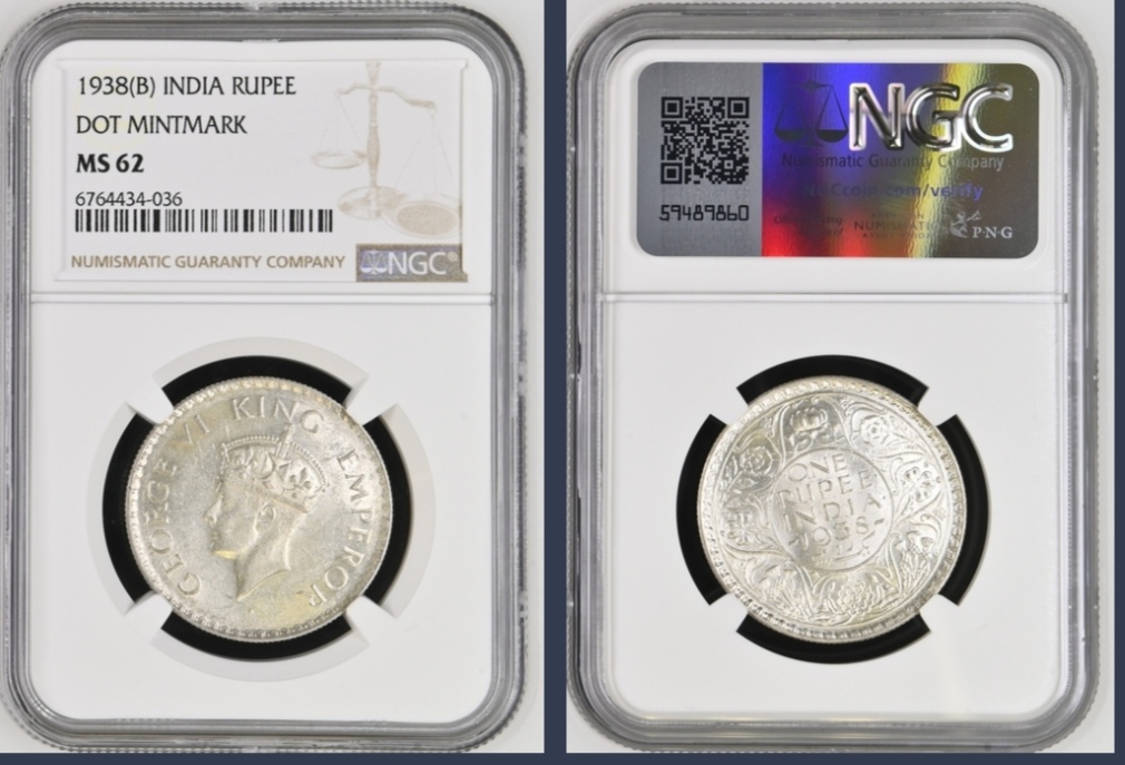 Extremely Rare 1 Rs 1938 Bombay Mint NGC GRADED MS 62 British INDIA RUPEE of George VI King Emperor