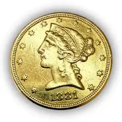 United States Liberty Half Eagle Year 1881 Gold Coin 5 Dollar 8.359 Grams Troy Oz Gold Unique and Rare