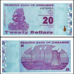 Zimbabwe 20 Dollars World Banknote, 2009 P95 UNC UNC Unique and Rare