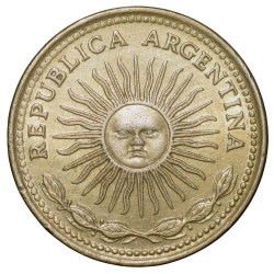 Brass 10 Pesos of Argentina (AD 1976) with 'Sol de Mayo' (Spanish: 'Sun of May')