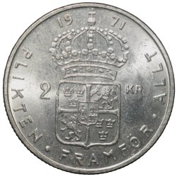 Copper-Nickel 2 Kroner of Gustaf VI Adolf (AD 1971) of Sweden Country Large Size