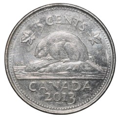 Steel 5 Cents of Elizabeth II (AD2013) from Canada with A beaver