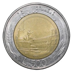 Bi-Metal 500 Lira of Italy (AD 1985) with A view of the Piazza del Quirinale, Rome.