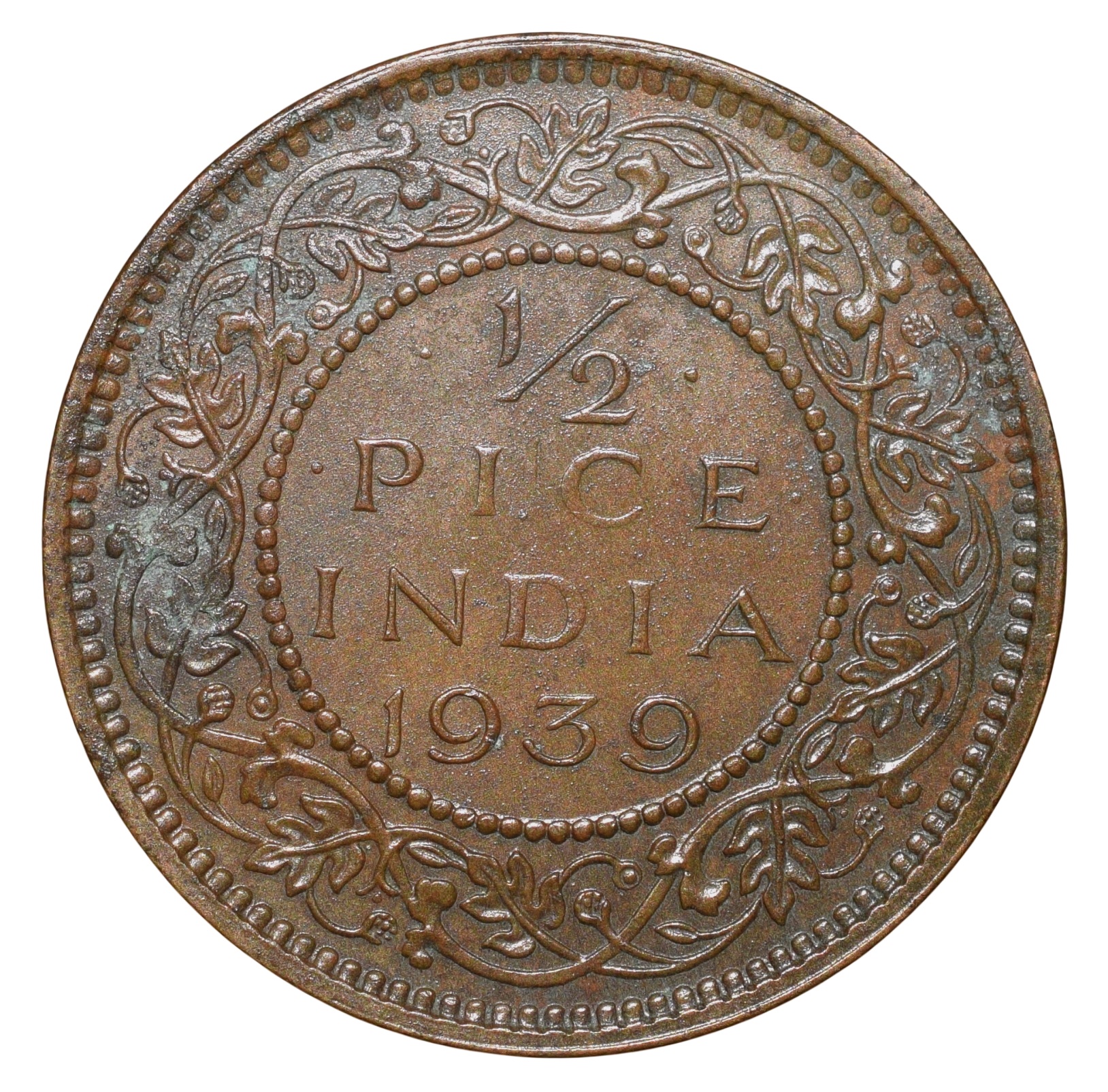 Bronze 1/2 Pice of George VI (AD 1939) of Calcutta Mint Head Type I Beautiful Grade