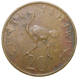 Nickel-Brass 20 Senti of Tanzania (AD 1984) with Ostrich walking to left Rare