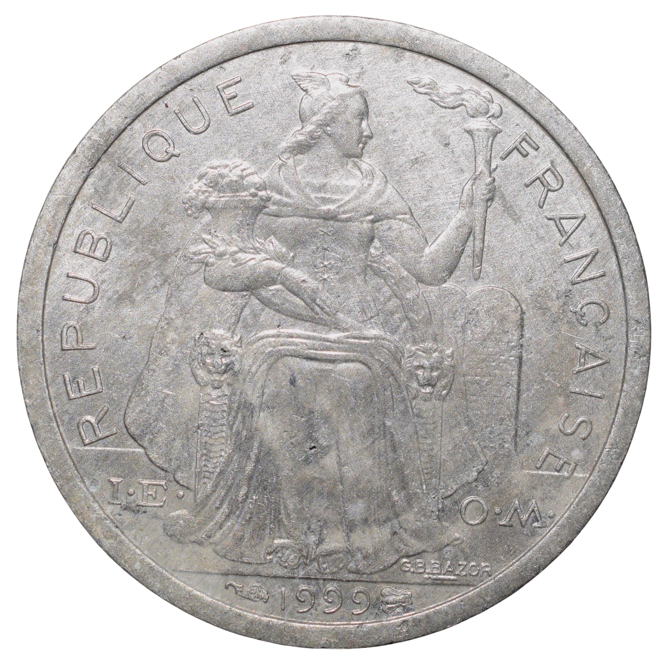 Aluminium 1 Franc of French Polynesia (French Overseas Territory) (AD 1999) with Liberty sitting on throne/Palm trees - sea with sailboat Rare