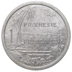 Aluminium 1 Franc of French Polynesia (French Overseas Territory) (AD 1999) with Liberty sitting on throne/Palm trees - sea with sailboat Rare