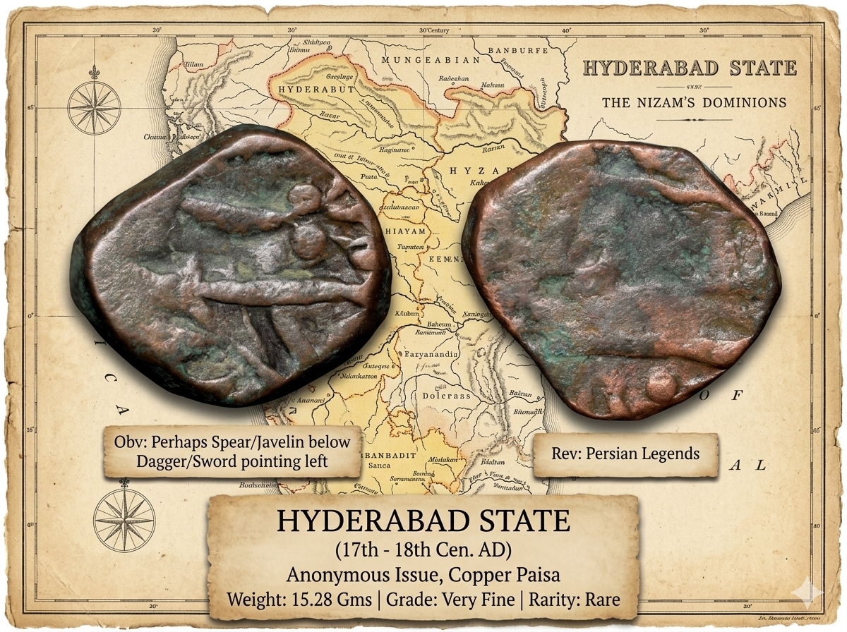 Copper Paisa of Hyderabad State (17th - 18th Cen. AD) with Spear/Javelin below Dagger/Sword pointing left Scarce