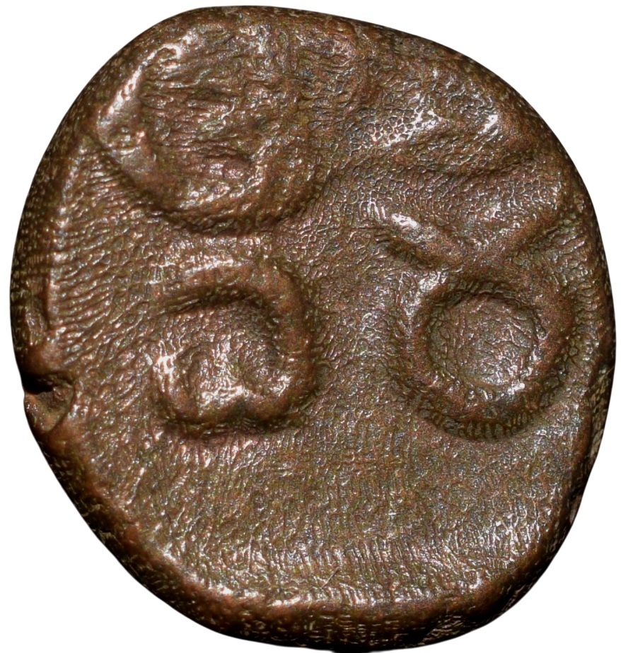 Copper Coin of Madurai Nayakas (16th - 17th Cen. AD) with Counchat Bull Right/Sri Vira K.Ganesha Type 5.144 Scarce