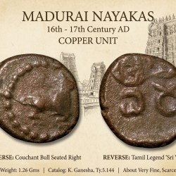 Copper Coin of Madurai Nayakas (16th - 17th Cen. AD) with Counchat Bull Right/Sri Vira K.Ganesha Type 5.144 Scarce