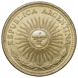 Brass 10 Pesos of Argentina (AD 1978) with 'Sol de Mayo' (Spanish: 'Sun of May')