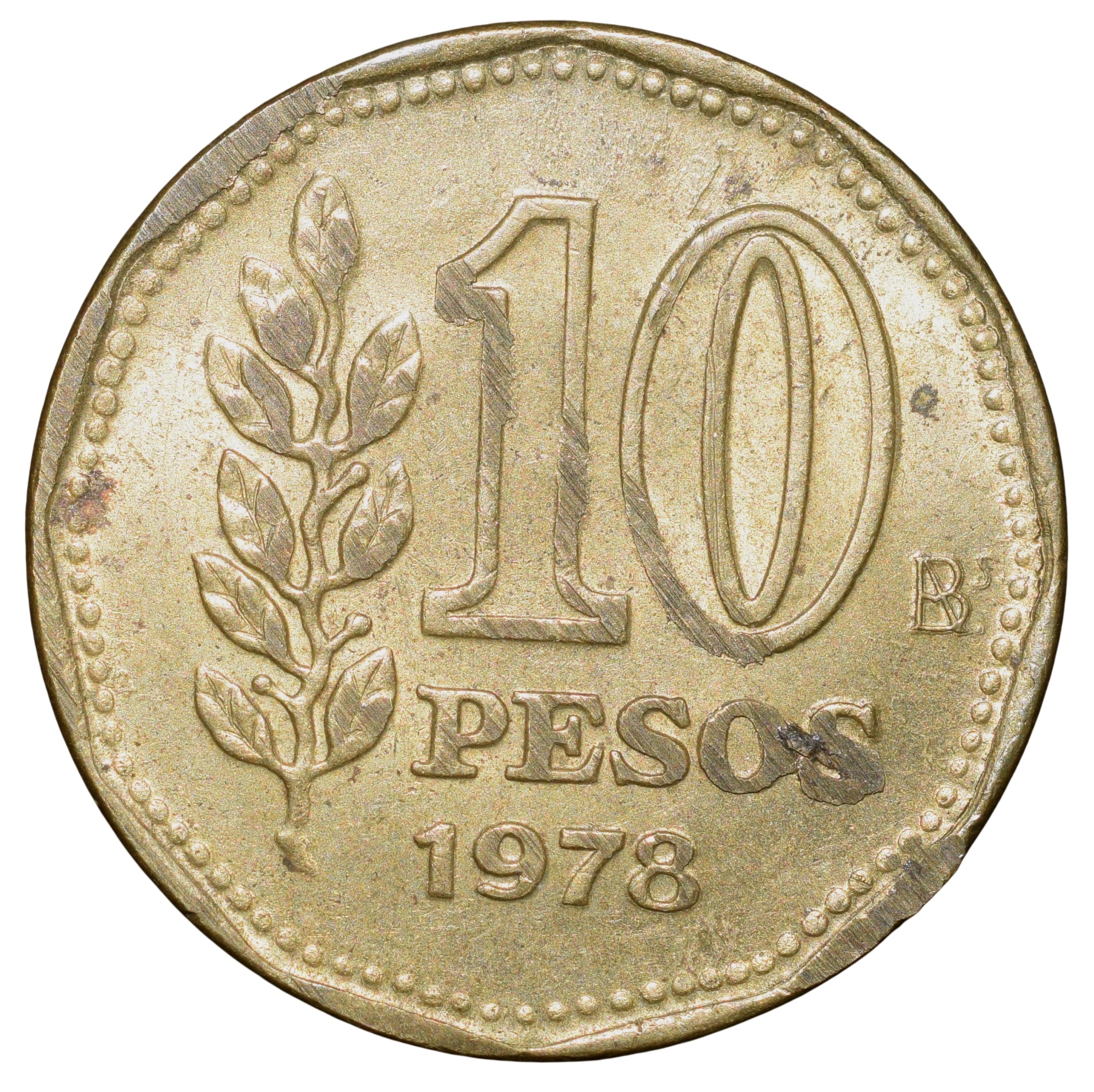 Brass 10 Pesos of Argentina (AD 1978) with 'Sol de Mayo' (Spanish: 'Sun of May')