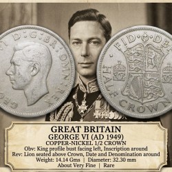 Copper-Nickel 1/2 Crown of George VI (AD 1949) of Great Brittain Large Size