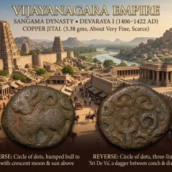 Copper Jital of Devraya I(AD 1406-22) of Vijayanagar Empire Bull Left/Dagger