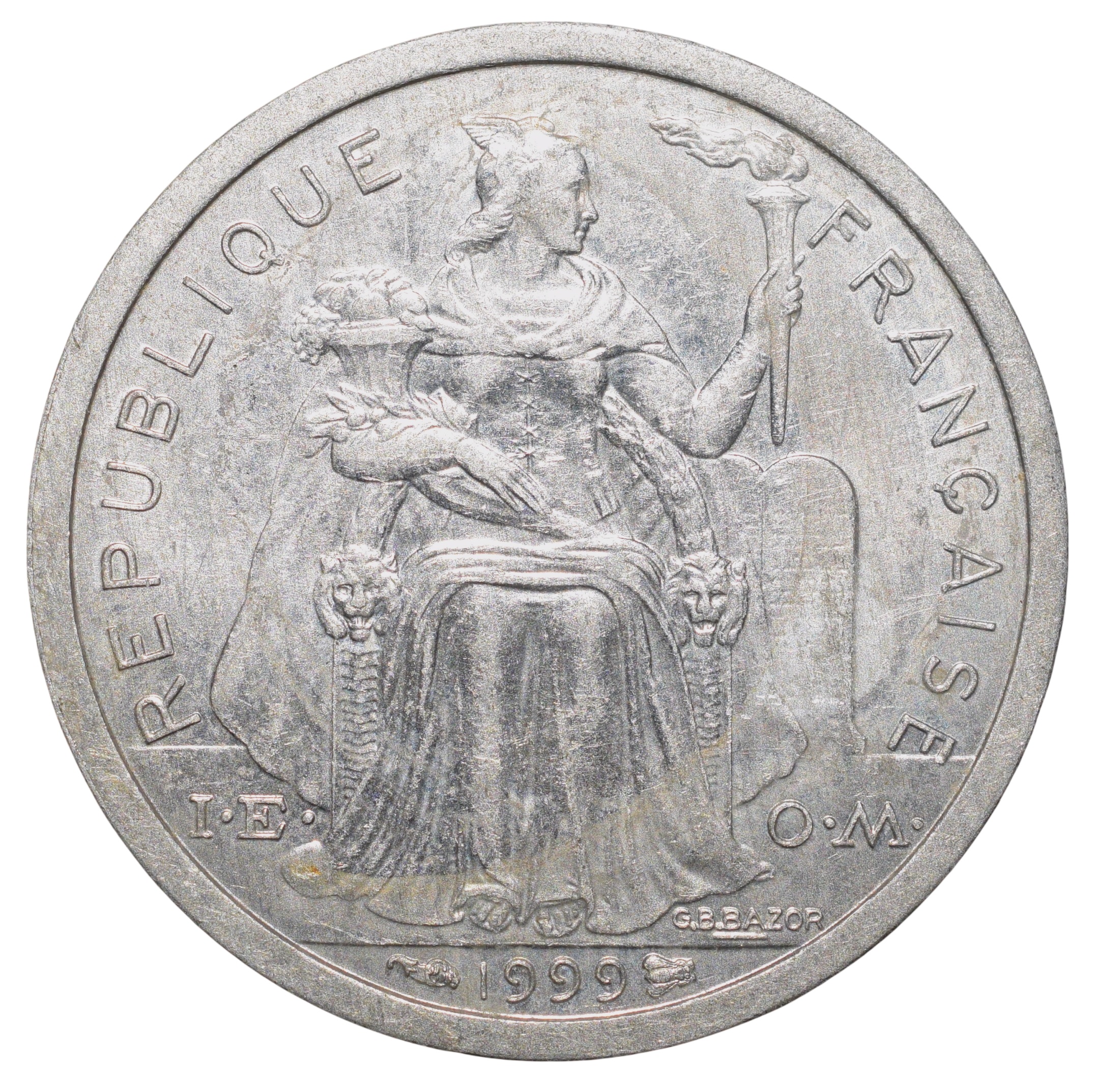 Aluminium 1 Franc of French Polynesia (French Overseas Territory) (AD 1999) with Liberty sitting on throne/Palm trees - sea with sailboat Rare