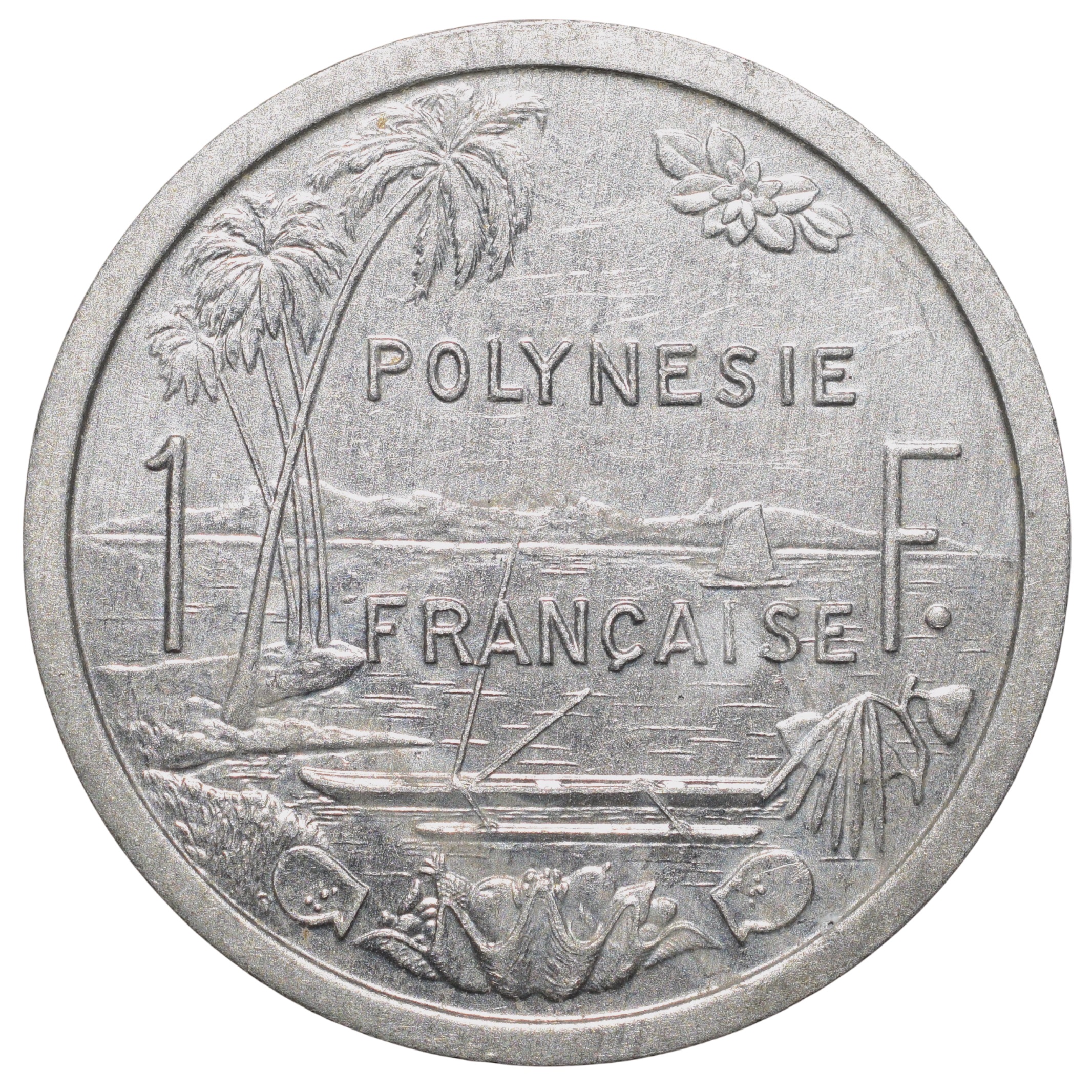 Aluminium 1 Franc of French Polynesia (French Overseas Territory) (AD 1999) with Liberty sitting on throne/Palm trees - sea with sailboat Rare
