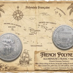 Aluminium 1 Franc of French Polynesia (French Overseas Territory) (AD 1999) with Liberty sitting on throne/Palm trees - sea with sailboat Rare