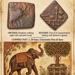 Copper Coin of City-State Bhadravati(1st Cen. BC) with Elephant walking right/Tree Railing & Brahmi legends